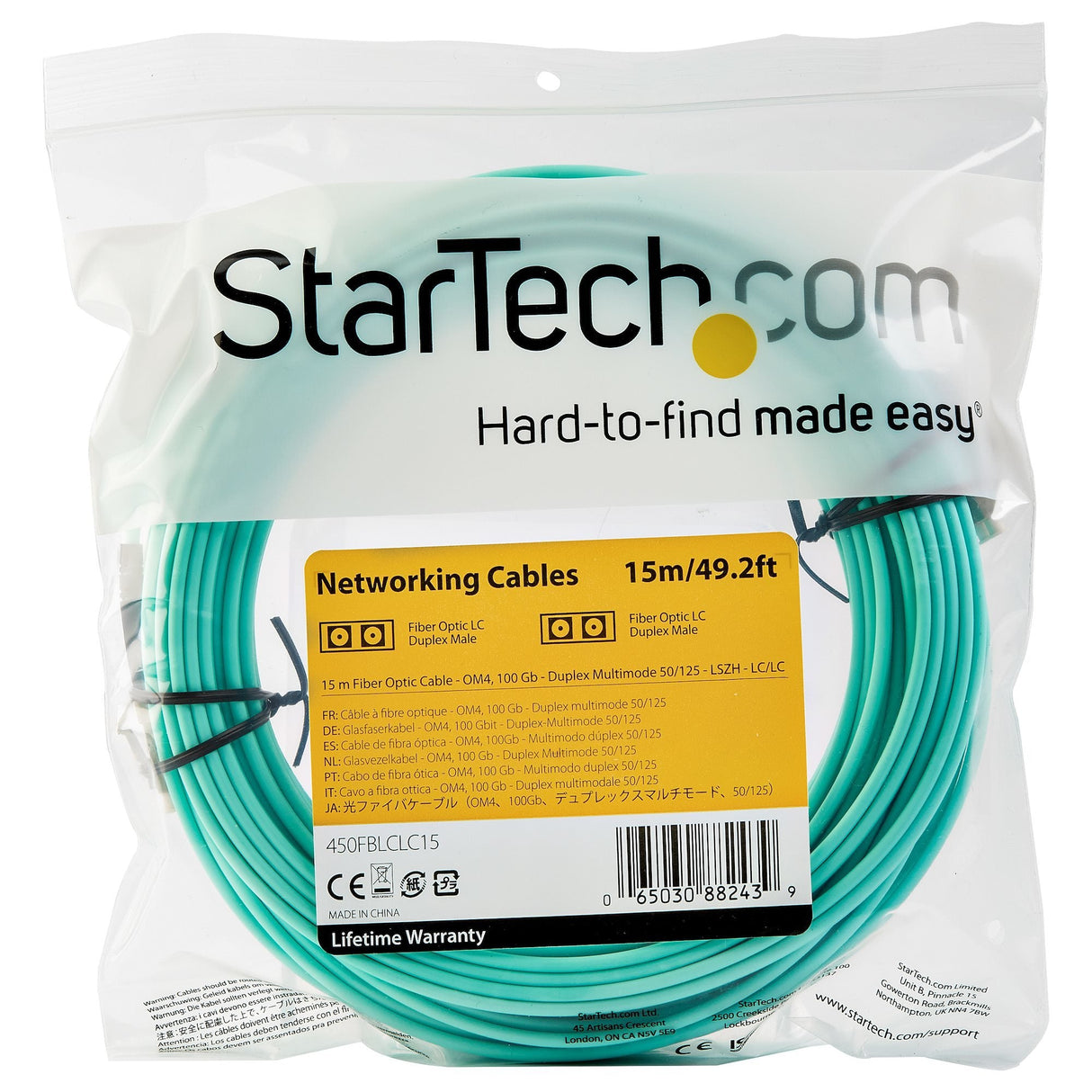 Startech.Com Cable De 15m De Fibra Óptica Multimodo Dúplex 50/125 Lc A Lc - Aqua - Om4 - Lszh, 15 M, Lszh, Om4, Lc, Lc, Aqua