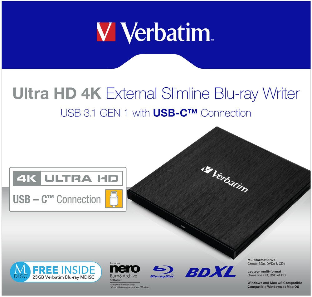 Grabadora Externa Verbatim Slimline Blu-Ray Uhd 4k 43888 Lectura 6x/Excritura 4x Compatible Con Mdisc Usb 3.1 Gen 1