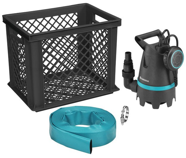 Bomba Sumergible Para Aguas Sucias Gardena 10500 Basic, Kit De Inundación, Sumergible/Bomba De Presión Negro/Turquesa, 400 W, Incl. Conexión De Manguera, Caja De Almacenamiento 09009-47