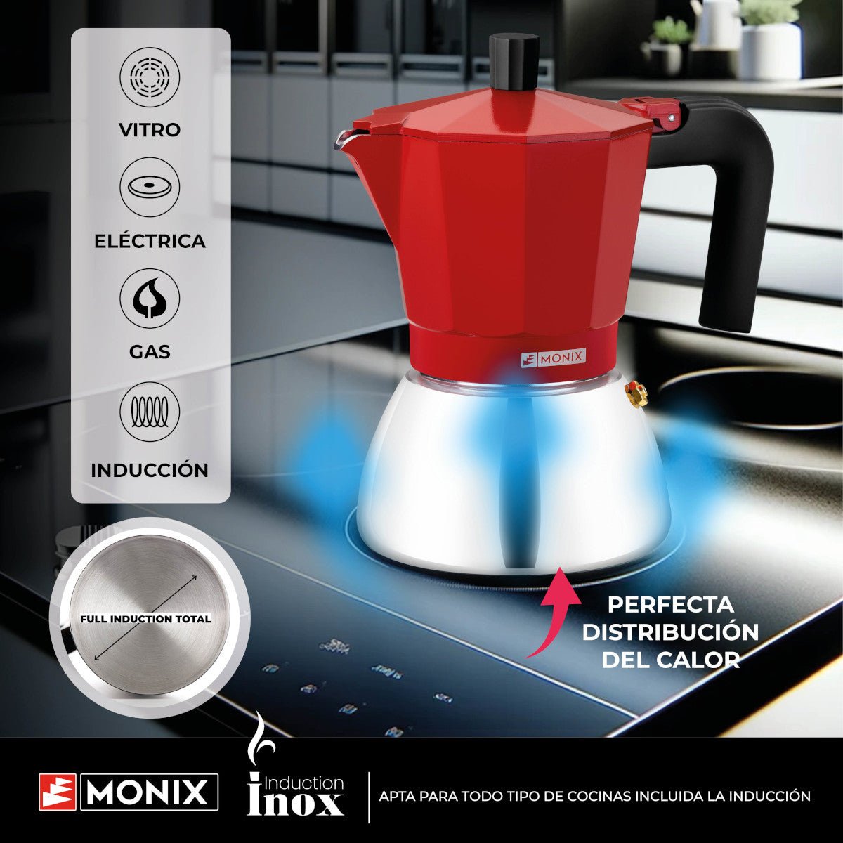 Cafetera Italiana Monix Induction Inox M863106 6 Tazas Roja
