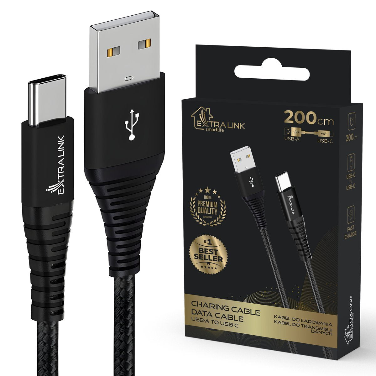 Extralink Smart Life Cable 15w, Usb - Usb-C 200cm, Nylon Braided, 6.5v 3a, Black, Cabesl01