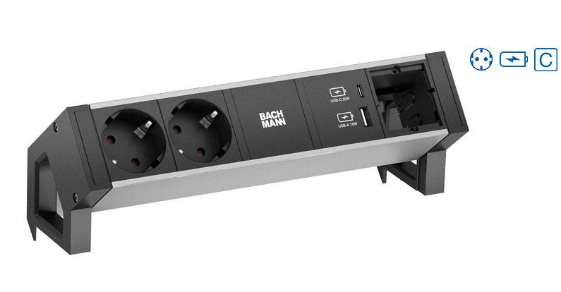 Bachmann Desk2 Alu Negro 2xschutzkt.Usb, Usb Charger 22w A&C 1xabd 0,2m Gst18