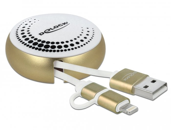 Delock Usb 2 In 1 Aufrollcable Typ-A Zu Micro-B Und Lightning Weiss Gold
