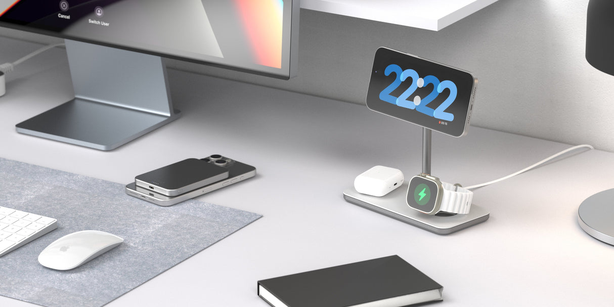 Soporte Base De Carga Inalambrico 3en1 Magsafe Plata Linq Carga Magnética Qi2/ Certificación Mfi Para Apple Watch