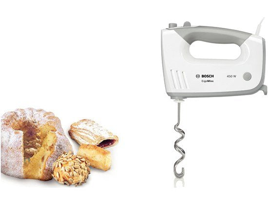 Bosch Home Batidora De Mano Ergomixx Mfq36470 Blanco/Gris, 450 Vatios, Con Pie Mezclador Y Vaso Mfq36470
