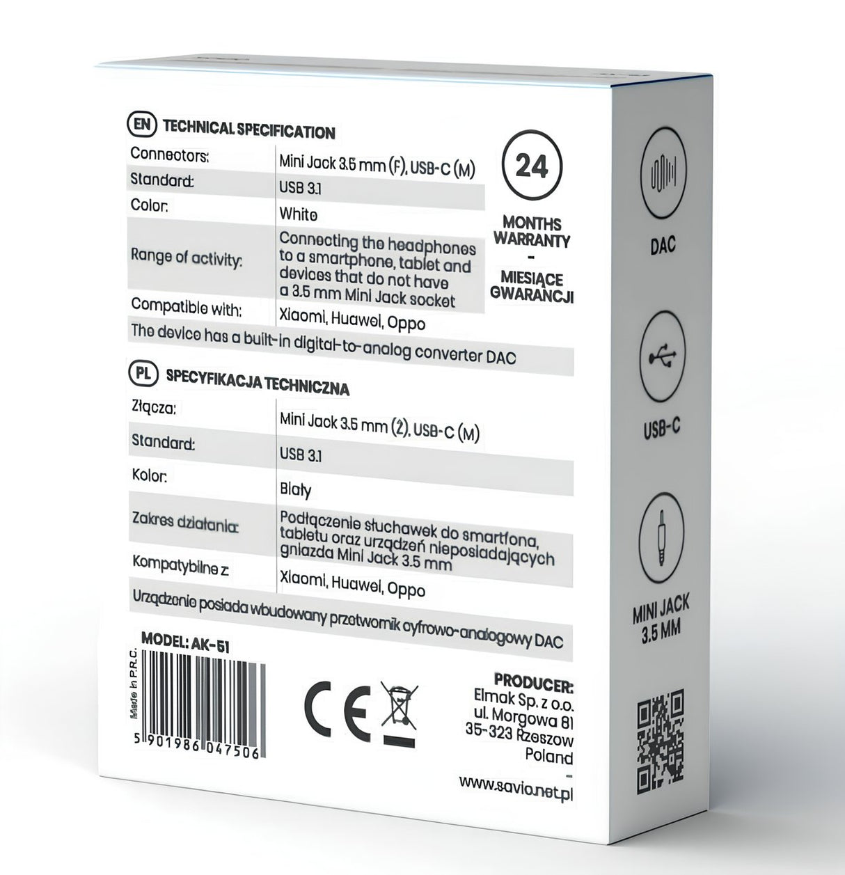 EAN 5901986047506 - Savio AK-51 cable de audio 0,11 m 3,5mm USB Tipo C Blanco imagen 3