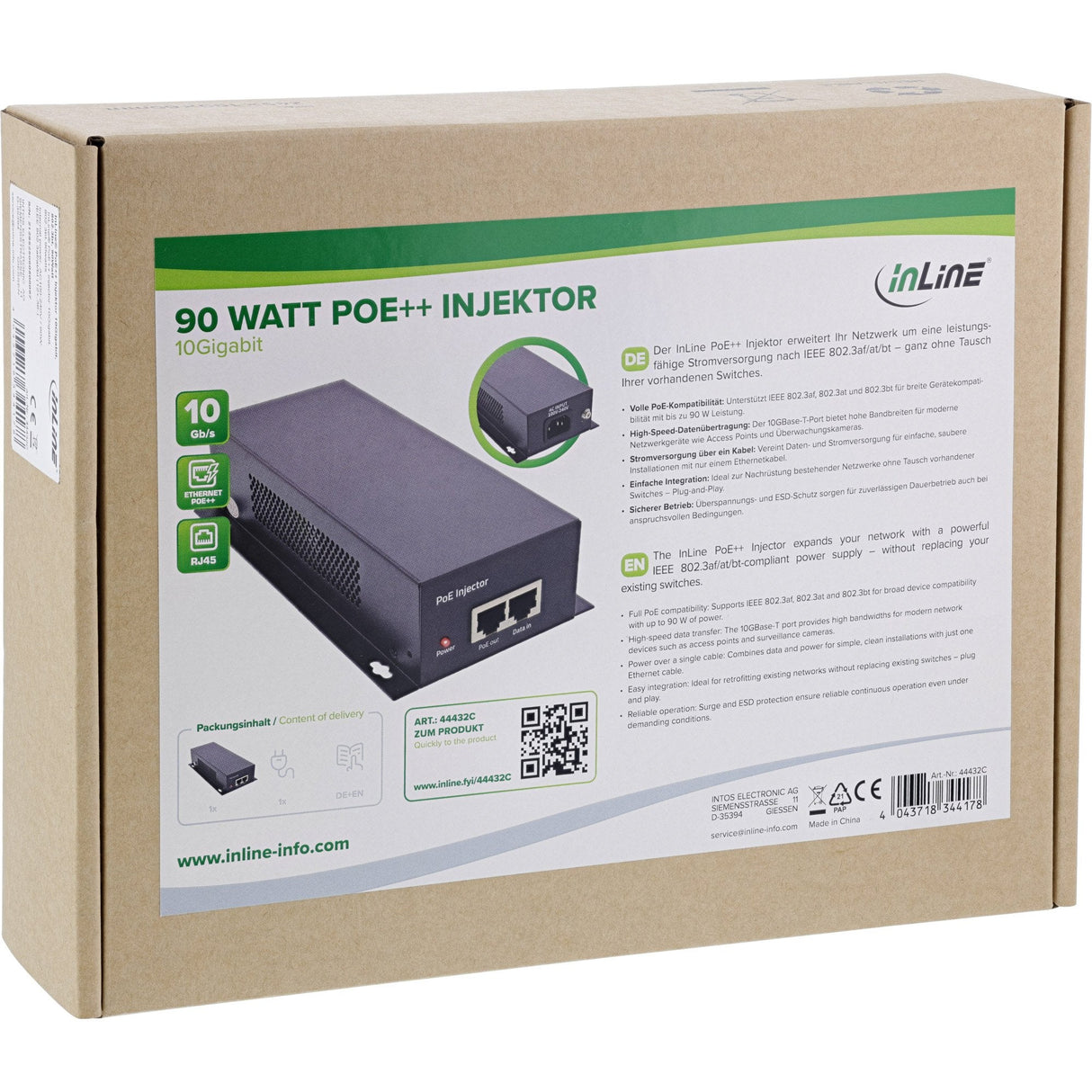 Inyector Poe++ 802.3 90w Poe++ 10gb/S Dc 44-57 V