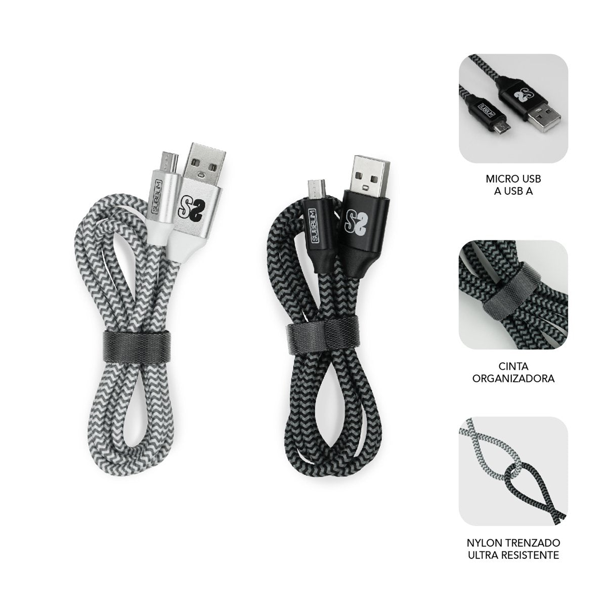 Cable Usb 2.0 Subblim Sub-Cab-1mu001 Pack 2/ Microusb Macho Usb Macho/ 1m/ Negro/Plata