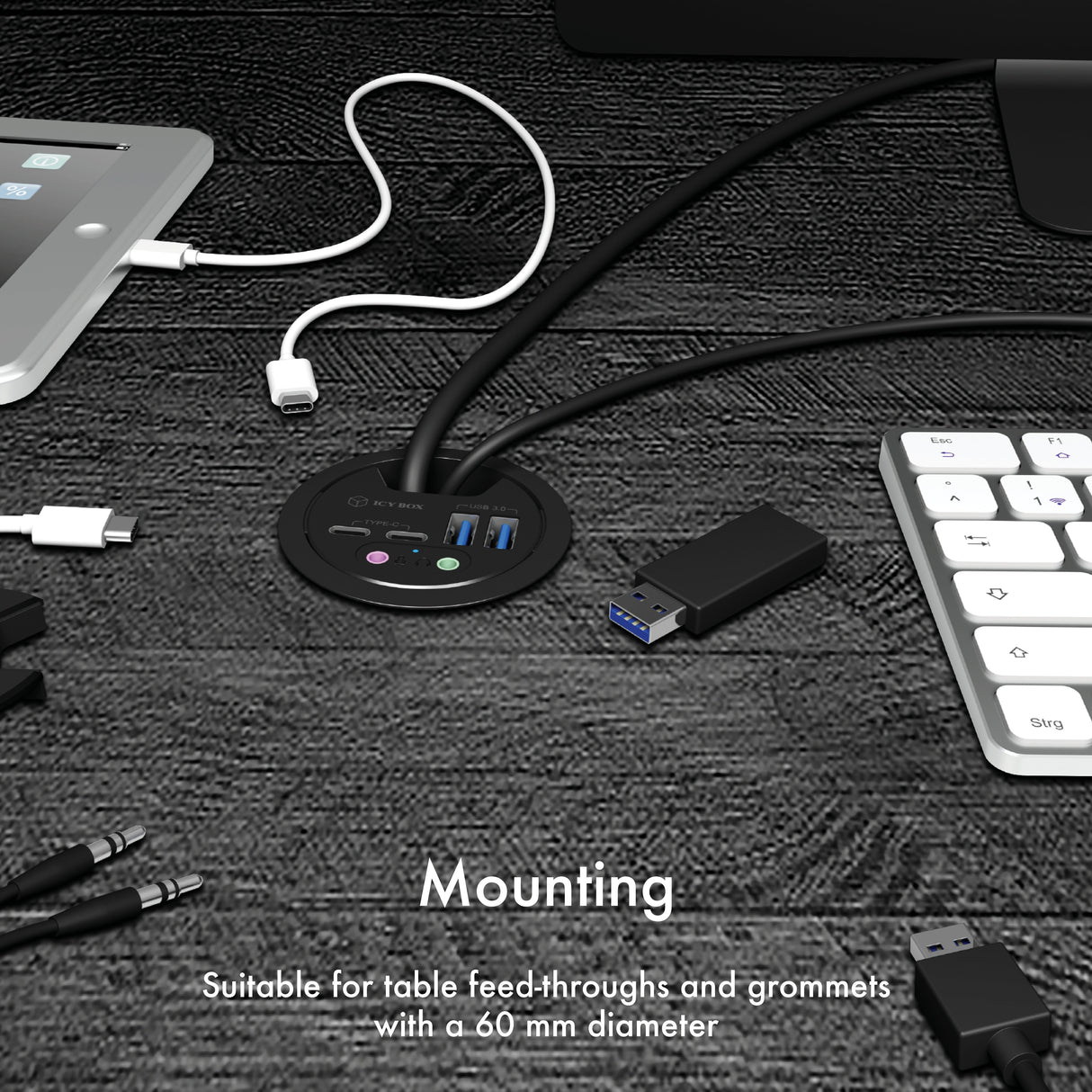 Icy Box Usb3.0 Hub Tipo-C / -A / Audio Icy Box Ib-Hub1403b, 120 Cm De Longitud Del Cable