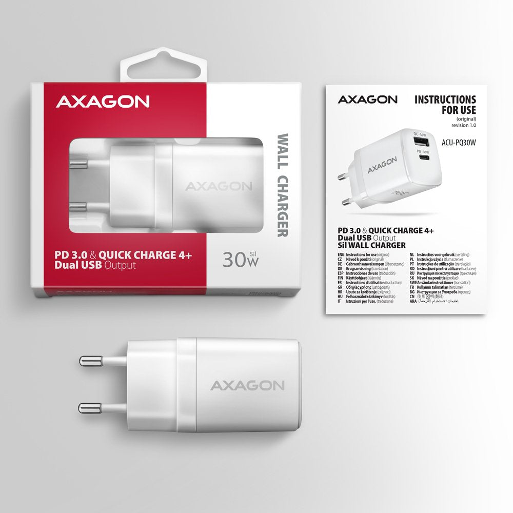 EAN 8595247907110 - Axagon ACU-PQ30W Ladegerät QC3.0.4.0/AFC/FCP/PPS/Apple+ PD USB-C 30W - weiß - USB Typ C Teléfono móvil, S imagen 9