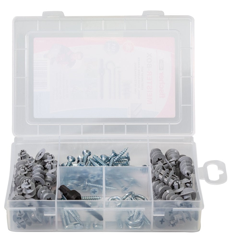 Fischer Meister-Box Gk + Tornillos + Ganchos, Tacos (Gris Claro, 100 Piezas, Con Herramienta De Ajuste) 513892