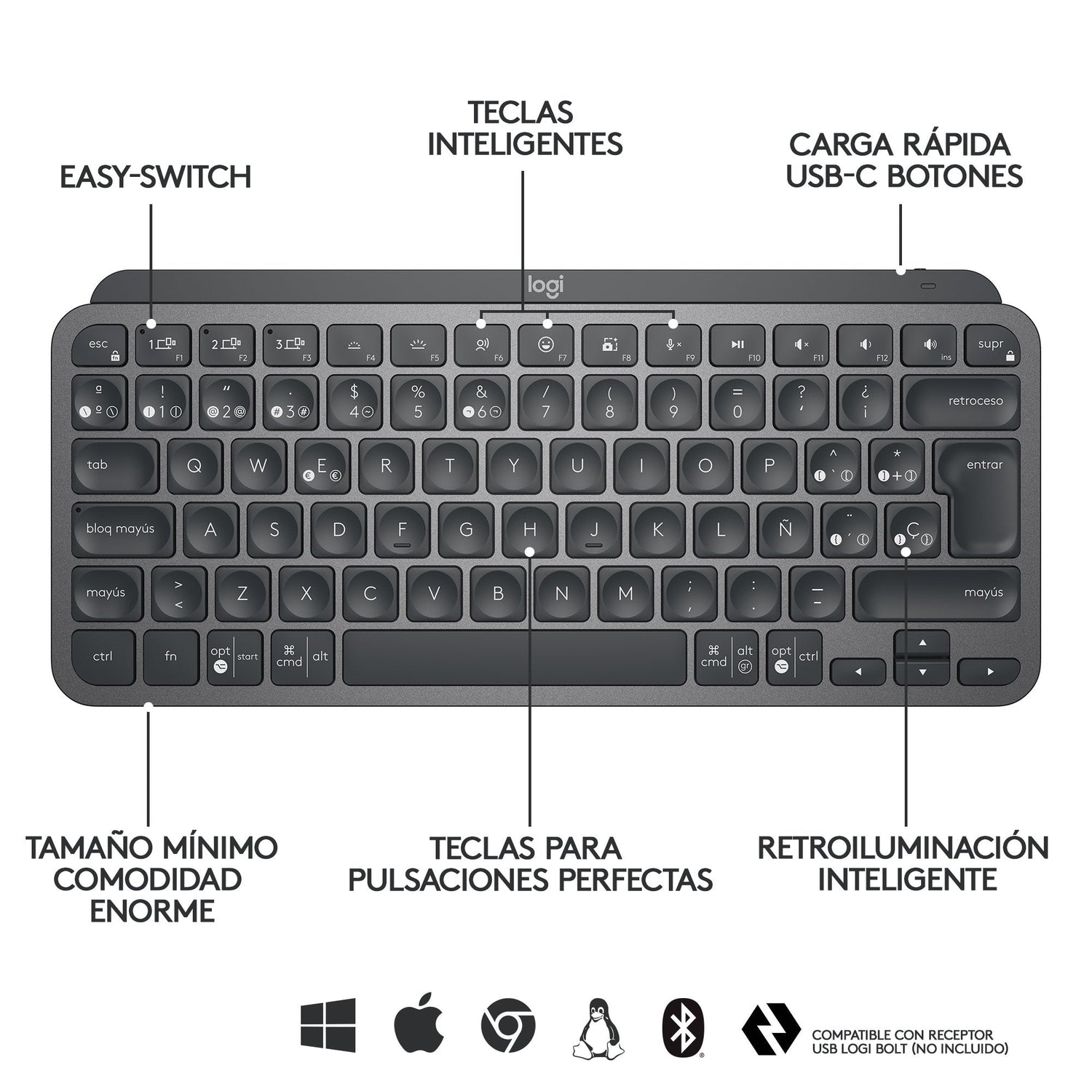 Teclado Español Logitech Mx Keys Mini Rf Wireless + Bluetooth Qwerty Grafito