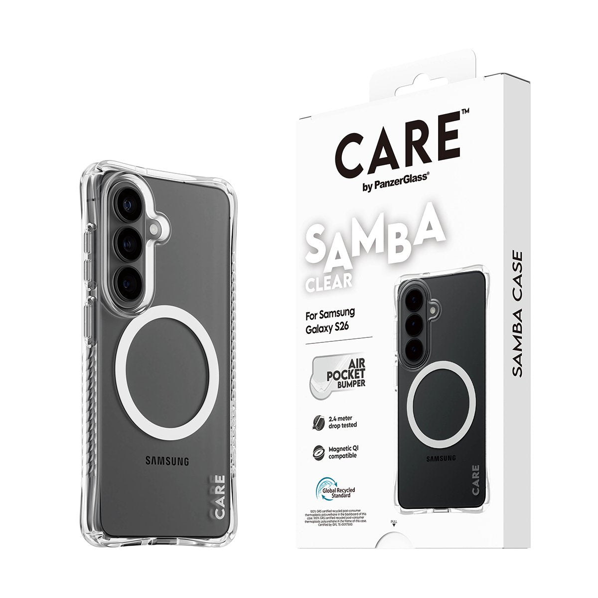 Panzerglass Care By ® Samba Case Transparente M. Blanco Qi Samsung Galaxy S26, Cover, Samsung, Samsung - Galaxy S26, 16 Cm (6.3"), Transparente
