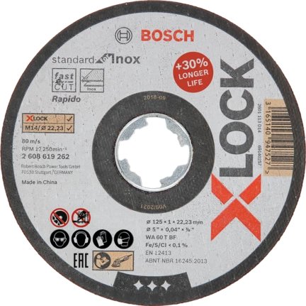 Disco De Corte Bosch X-Lock Estándar Para Inox - Rapido, Ø 125mm (Diámetro 22,23 Mm, Wa 60 T Bf, Recto)