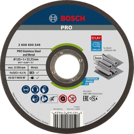 Disco De Corte Bosch Expert Para Inox - Rapido, Ø 125mm (Diámetro 22,23 Mm, As 60 T Inox Bf, Anverso) 2608600549