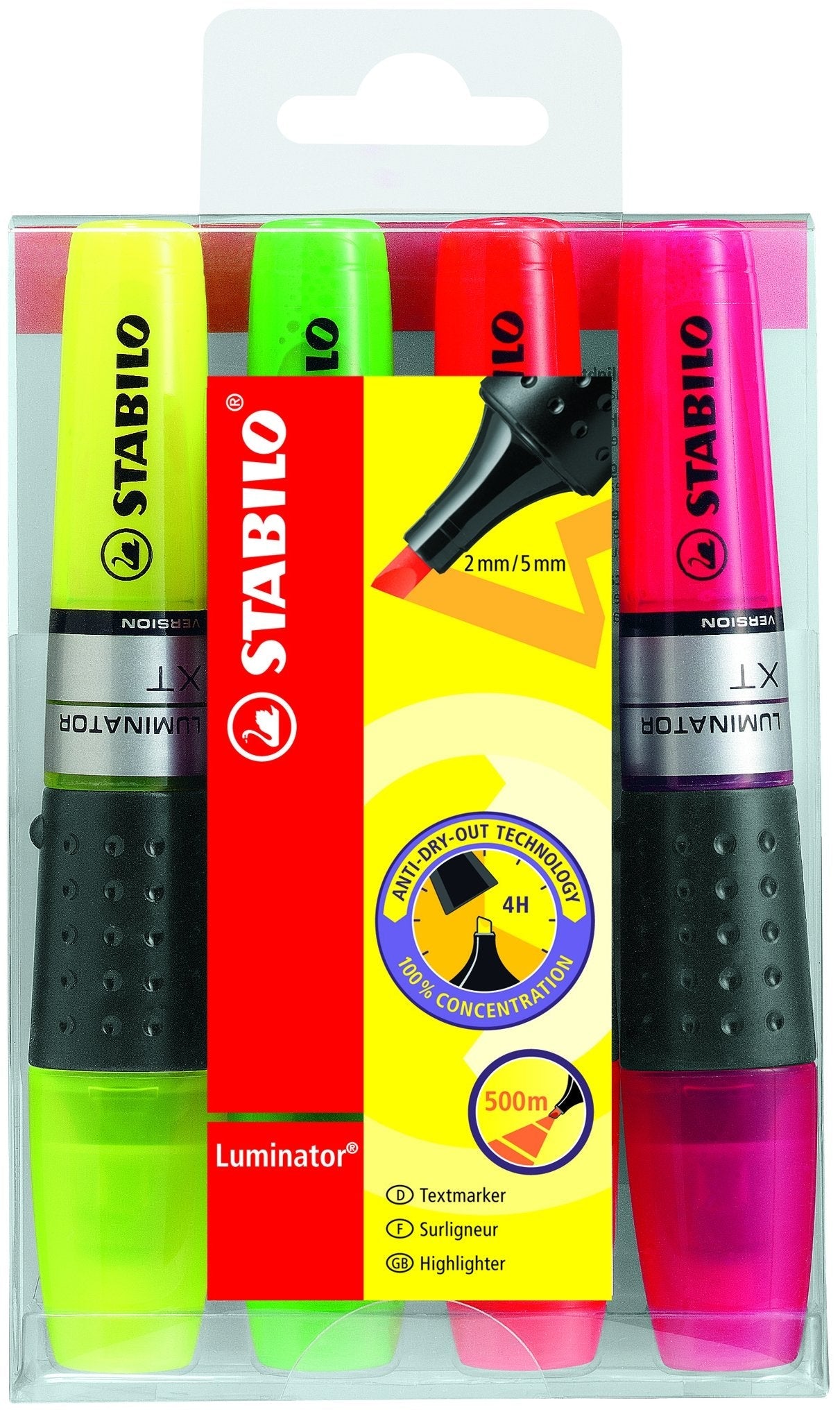 Stabilo Iluminator Pack De 4 Marcadores Fluorescentes - Mayor Suministro De Tinta - Zona De Agarre - Trazo Entre 2 Y