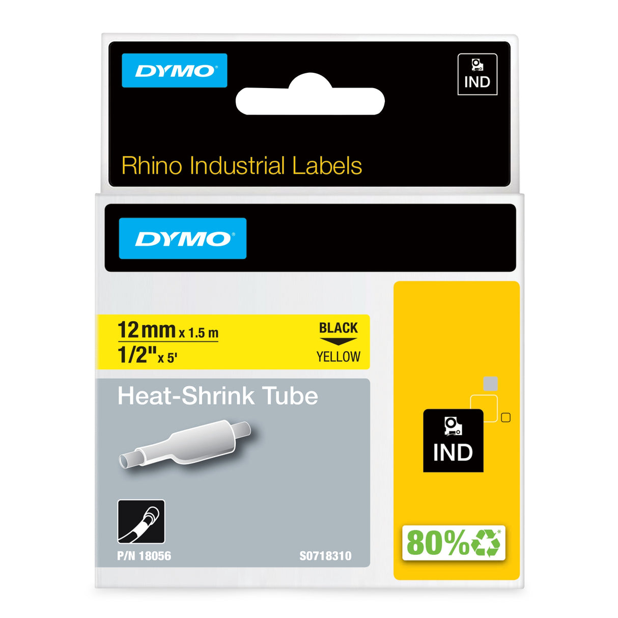 Dymo Rhino Cinta Id1-12, Negro Sobre Amarillo, 12mmx1´5m, Tubo Termorretractil (S0718310)