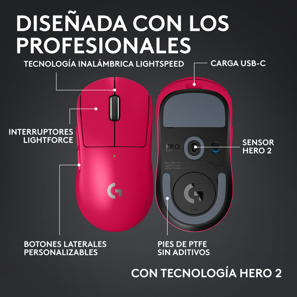Logitech G Pro X Superlight 2c Ratón Gaming 5 Botones Inalámbrico Cableado 2.4 Ghz Usb Receptor Usb De Logitech Lightspeed Rosa