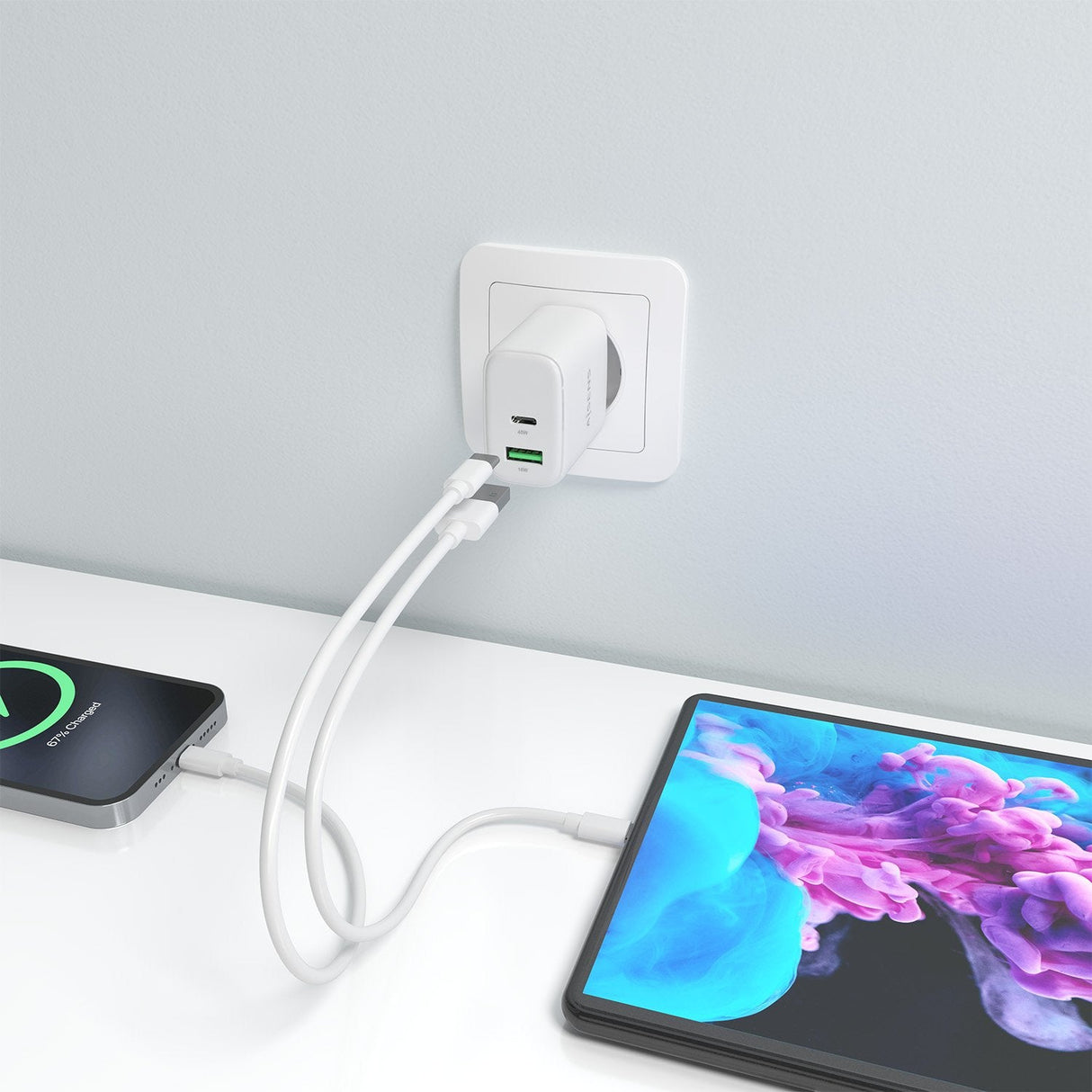 Aisens Cargador Gan 45w, 1xusb-C Pd3.0 Qc4.0, 1xusb-A Qc3.0, Blanco