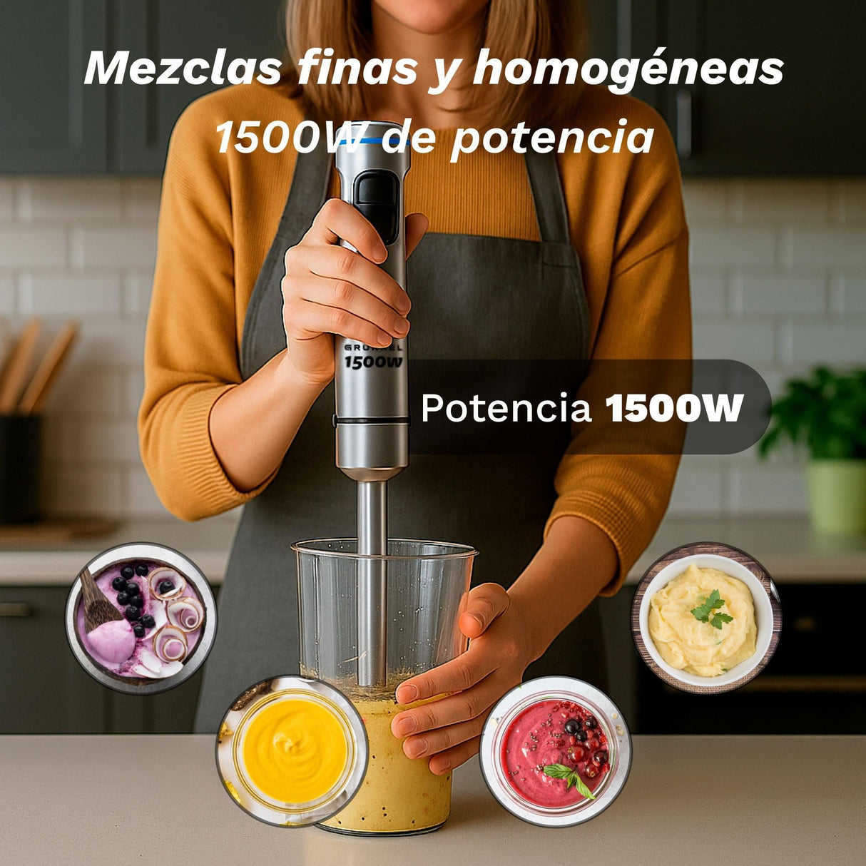 Batidora De Mano Grunkel Bm-1500set 1500w Capacidad 0.8l Incluye Vaso, Picadora, Varilla Y Soporte
