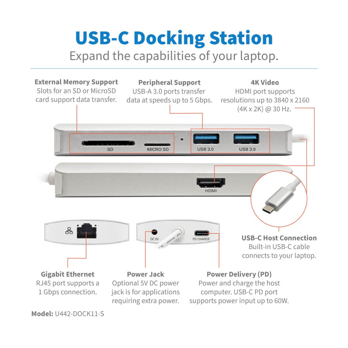 EAN 0037332213372 - Tripp Lite U442-DOCK11-S base para portátil y replicador de puertos USB 3.2 Gen 2 (3.1 Gen 2) Type-C imagen 2