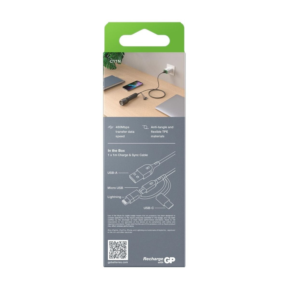 EAN 4891199206313 - GP Batteries CY1N cable USB 1 m USB A USB C/Micro-USB B/Lightning Gris imagen 3