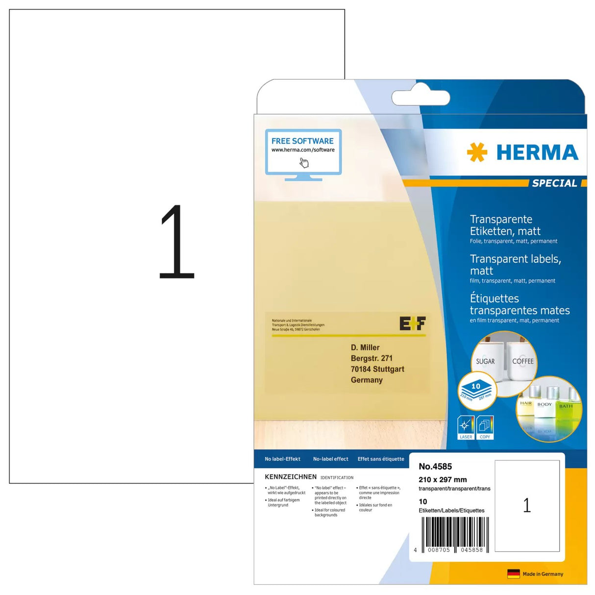 EAN 4008705045858 - HERMA A4 etiqueta autoadhesiva Rectángulo Permanente Transparente 10 pieza(s) imagen 1