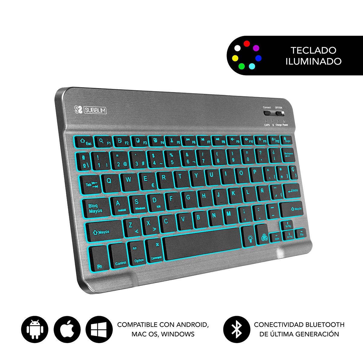 Teclado Bluetooth Subblim Sub-Kbt-Smbl31 Grey Bt3.0 Teclas Iluminadas Batería 420mah Compatible Multidispositivo