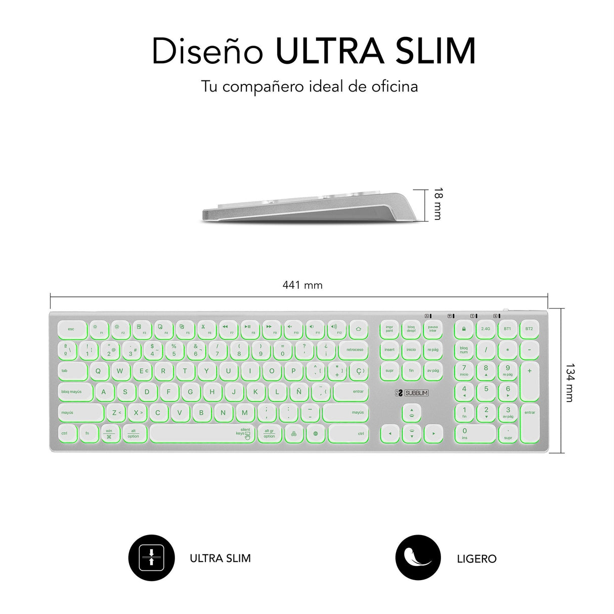 Teclado Español Inalámbrico Subblim Master Plata Y Blanco