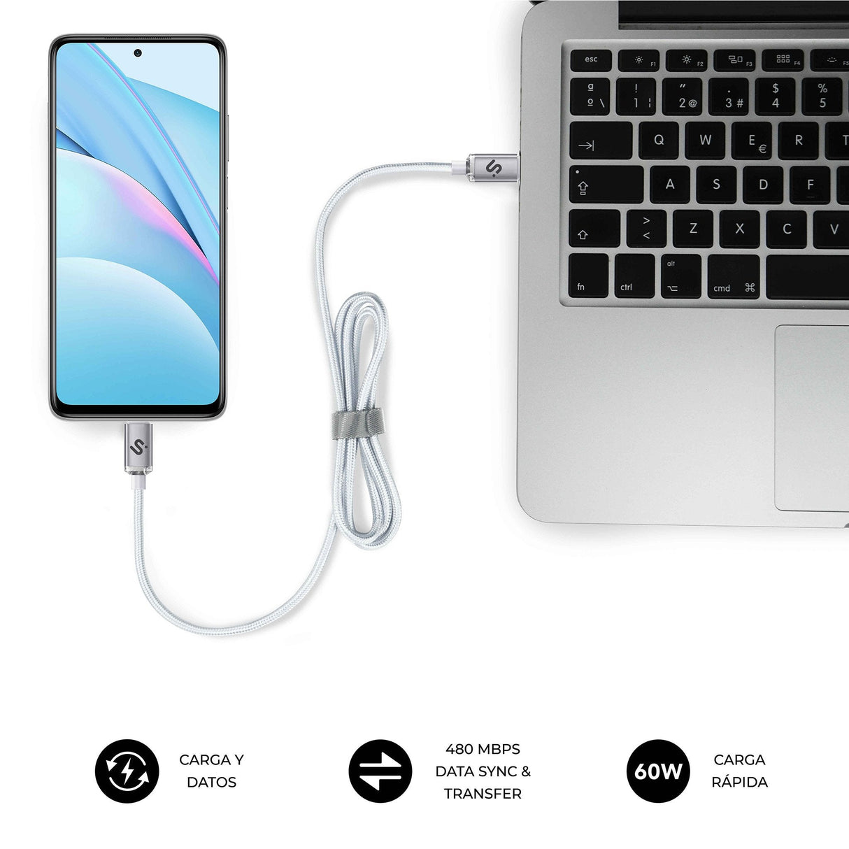 Cable Optimus 60w Usb-C/Usb-C 1 M Blanco Subblim 60w/ Longitud: 1m/ Usb-C &Harr; Usb-C/ Pd