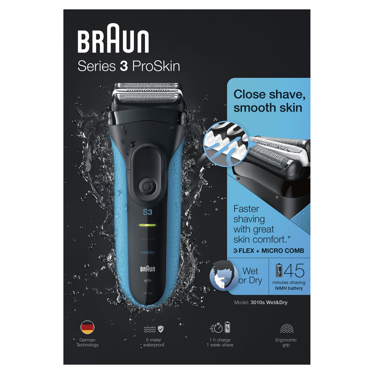 EAN 4210201112129 - Braun Series 3 3010 Wet & Dry Máquina de afeitar de láminas Recortadora Negro, Azul imagen 2