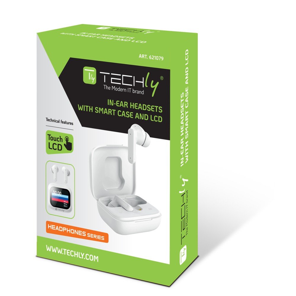 Techly Icc Sb-Blt08w Auriculares Inalámbricos Intrauditivos Bluetooth, Estuche Con Pantalla Lcd, Cancelación De Ruido Anc, Ecualizador