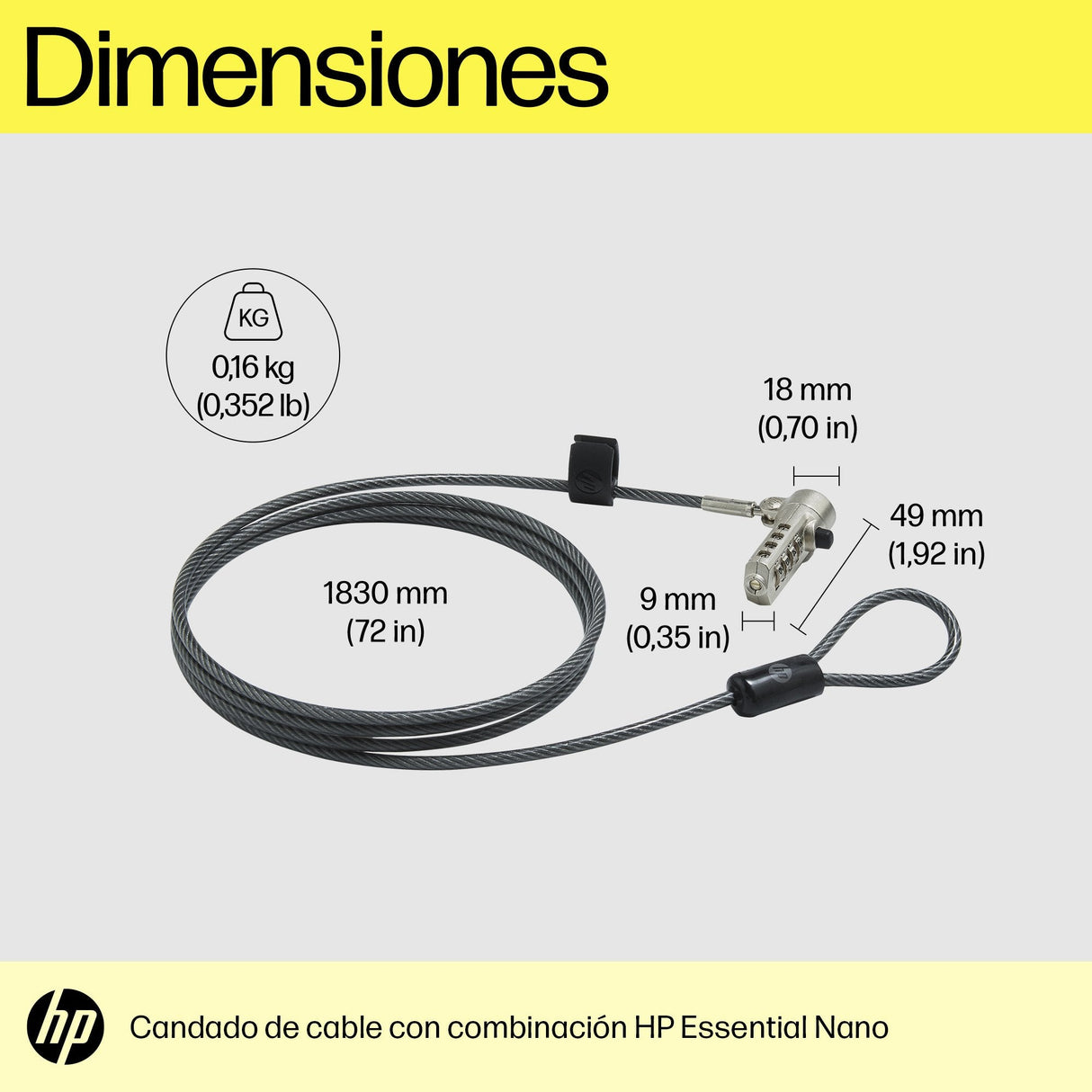 EAN 0196337975859 - HP Essential Nano Combination Cable Lock cable antirrobo Acero inoxidable 1,83 m imagen 3