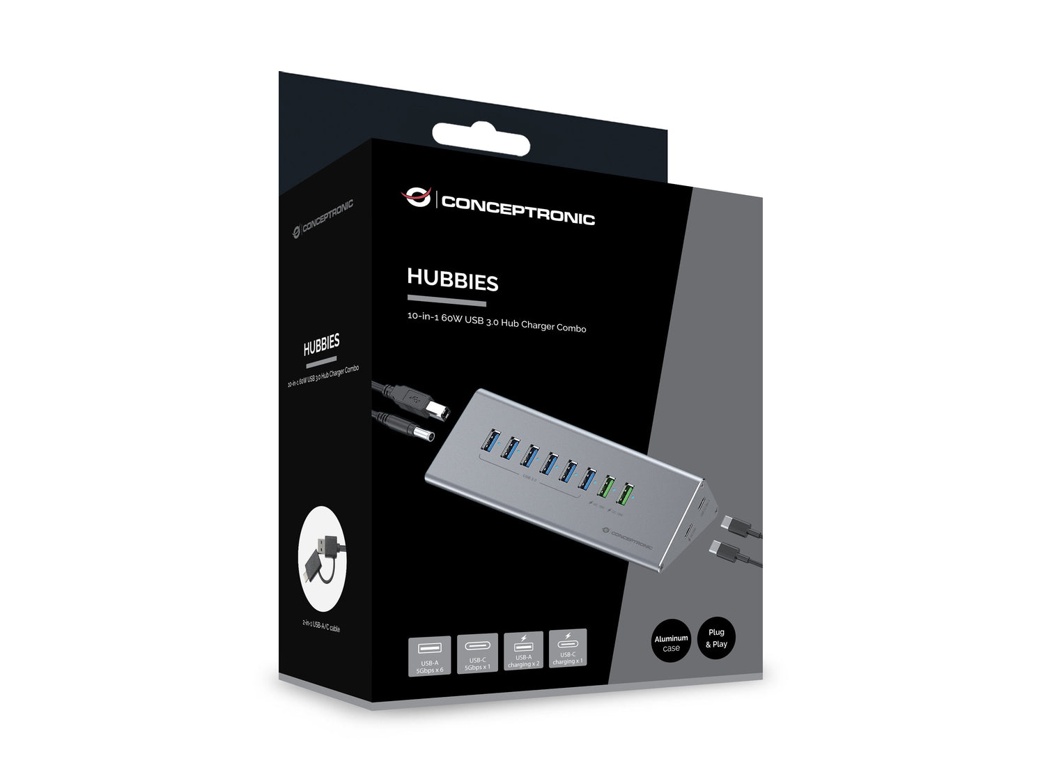 Hub Usb Conceptronic -> 8x Usb-A 60w, 2x Usb-C 3.0 Mn Si