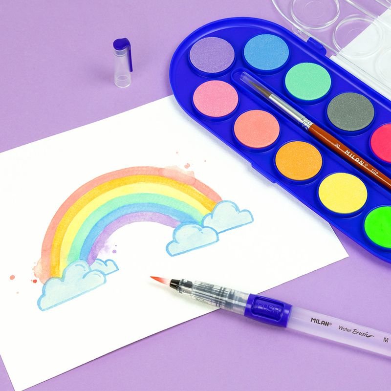 Milan Estuche De 12 Acuarelas Ø30 Mm + Pincel Serie 101 - Mezclable - Colores Fluorescentes Y Metalizados