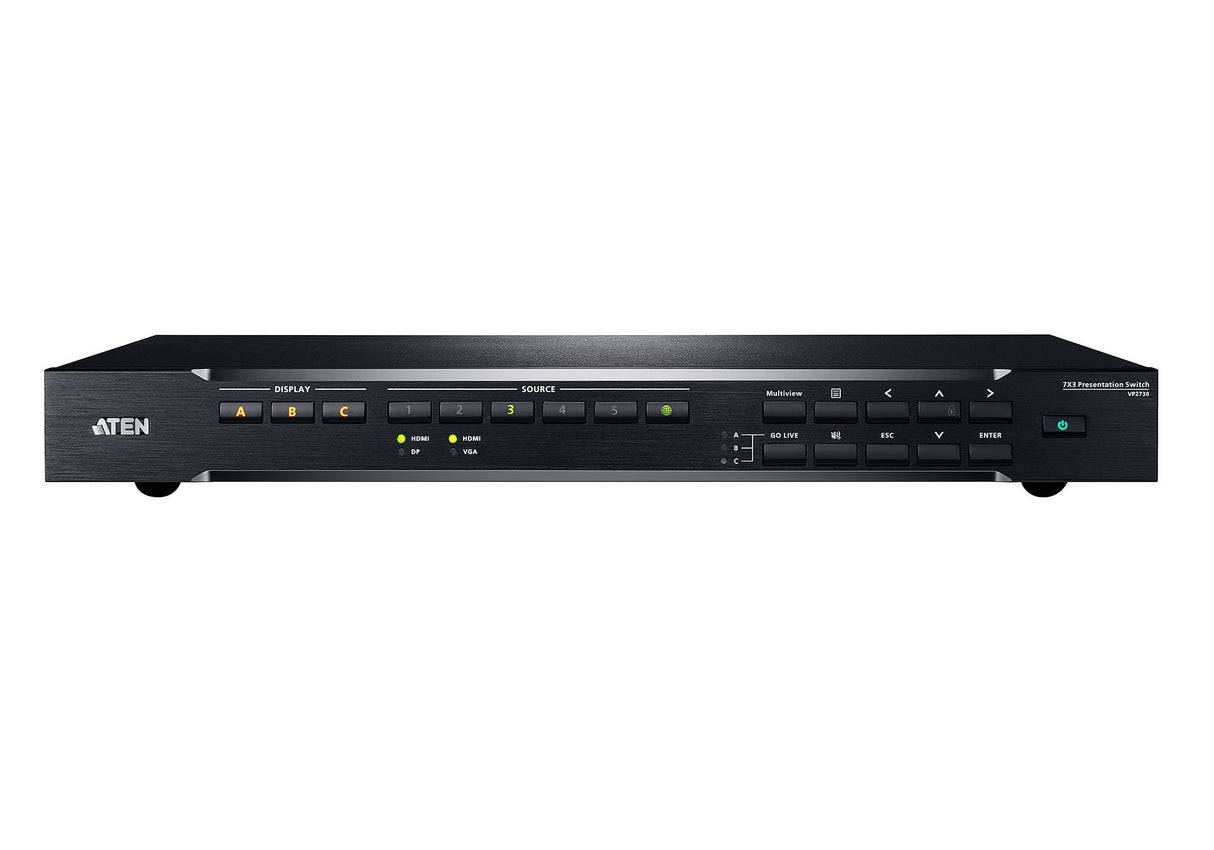 Switch De Presentación 7 X 3 Con Escalador De Vídeo, Streaming, Mezclador De Audio Y Hdbaset De Aten