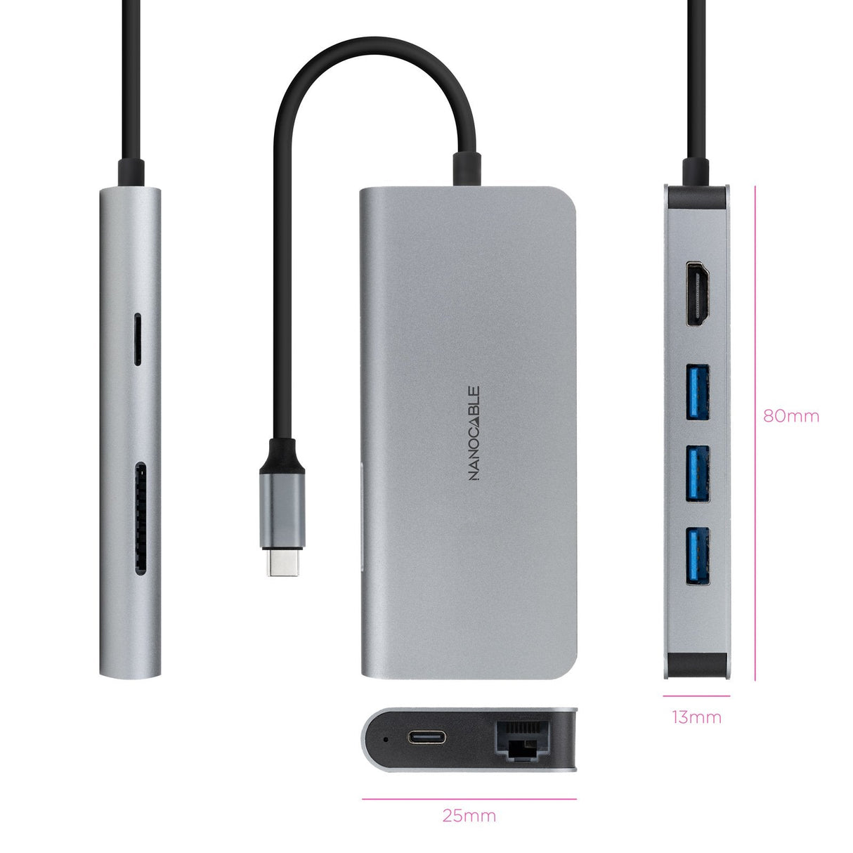Docking Tipo-C Nanocable 10.16.4609 3xusb 1xhdmi 4k 1xrj45 1xlector Tarjetas 1xusb Tipo-C Pd Gris