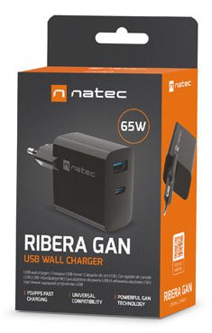 Cargador Natec Ribera Gan 65w Pd3.0 Qc3.0 1xusb-A + 1xusb-C Negro