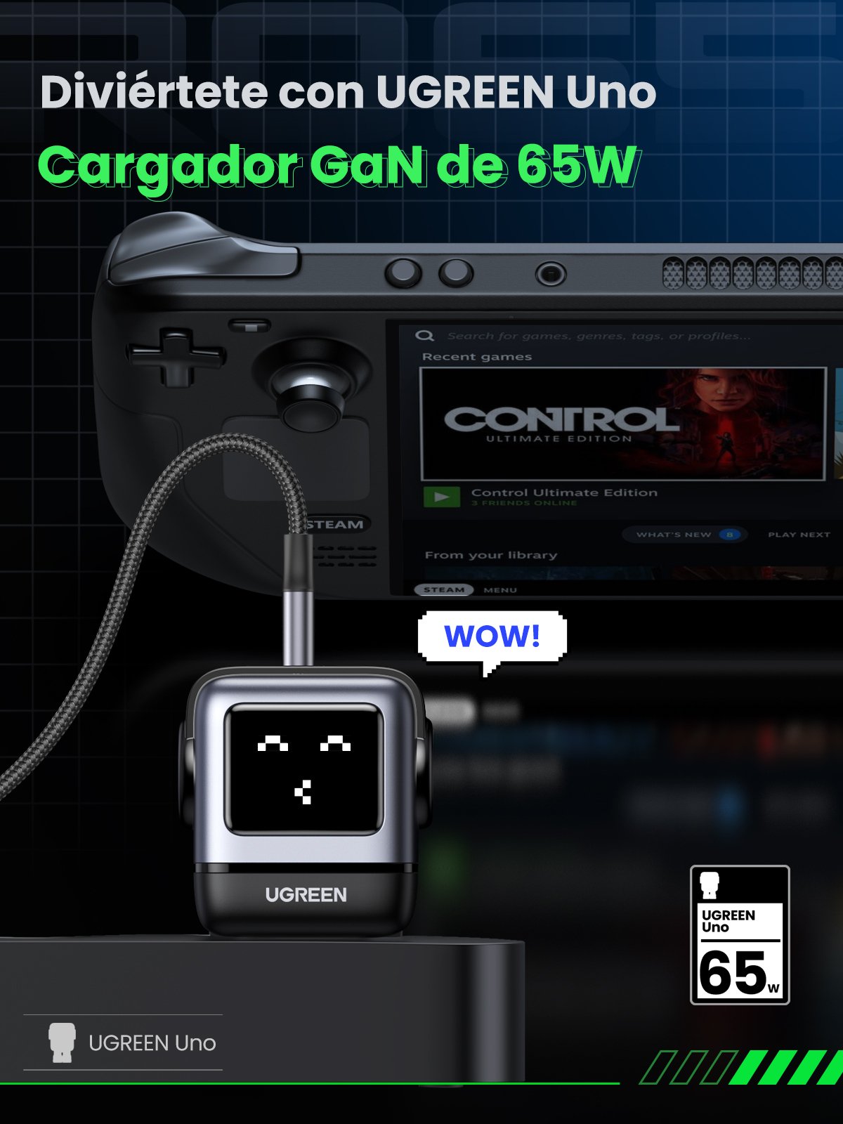 Cargador Ugreen Usb-A+2*Usb-C 65w Gan Fast