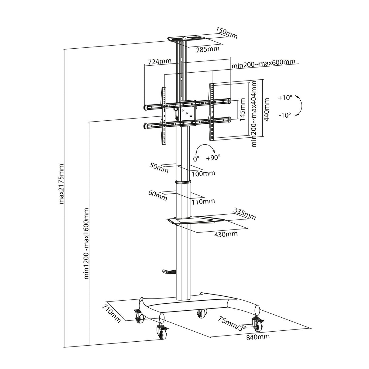 Aisens Soporte De Suelo Para Tv/Monitor De 37" A 70" - Max 50kg - Ajustable En Altura - Movimiento Horizontal Y Vertical