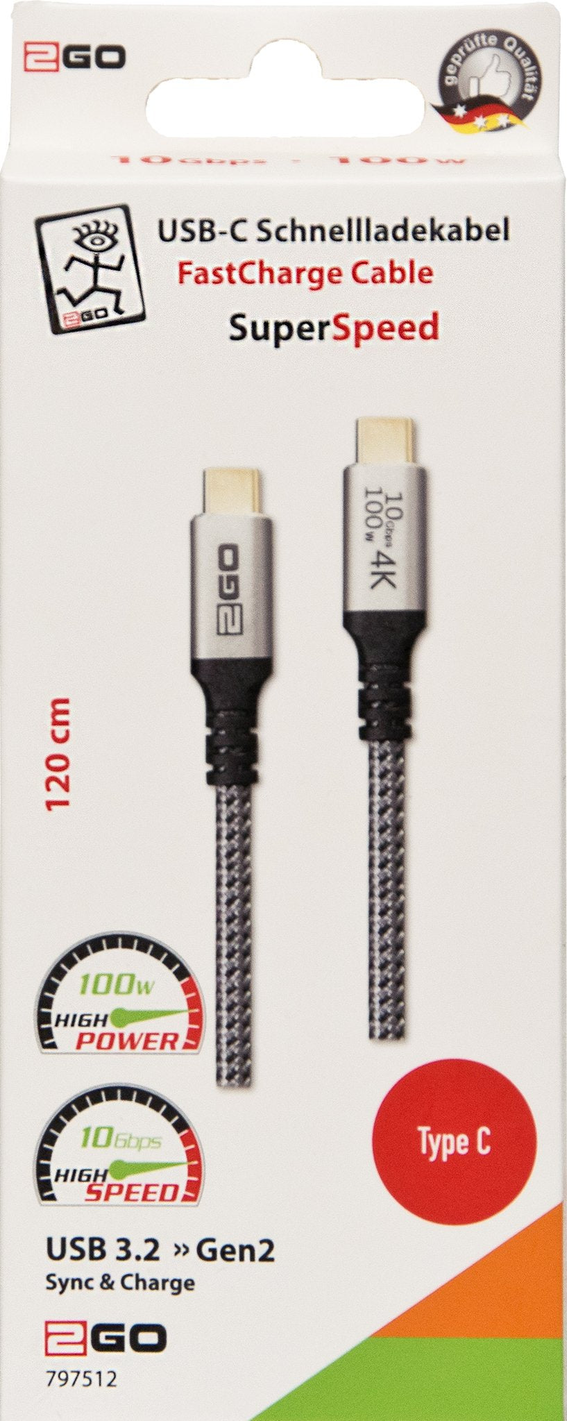 2go 797512 Cable Usb 1,2 M Usb 3.2 Gen 2 (3.1 Gen 2) Usb C Negro, Plata