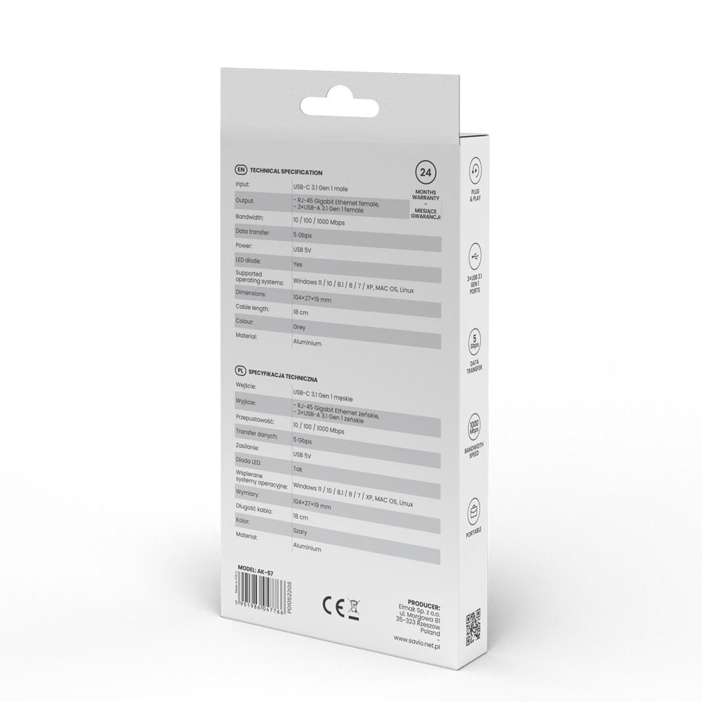 EAN 5901986047766 - Savio AK-57 USB-C - 3 x USB-A HUB with RJ-45 Gigabit Ethernet adapter 5000 Mbit/s grey 2 x USB 3.2 Gen 2 imagen 9