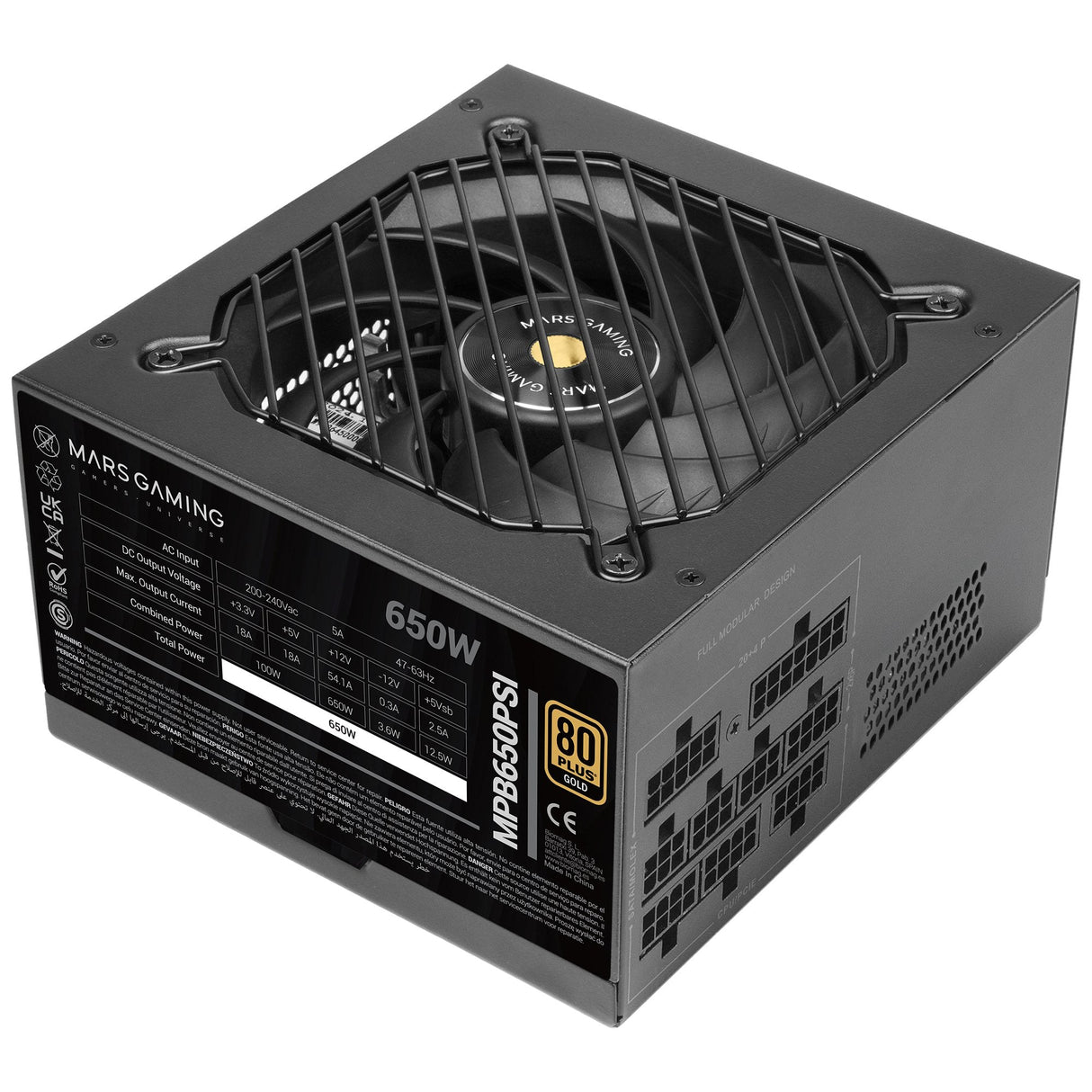 Fuente Modular Mars Gaming 650w Mpb650psi Atx3.1 80+Gold Pfc Activo Pcie5.1 12v-2x6 Dc-Dc Smd Negro