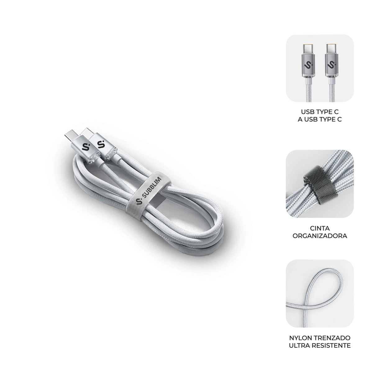 Cable Optimus 60w Usb-C/Usb-C 2 M Blanco Subblim 60w/ Longitud: 2m/ Usb-C &Harr; Usb-C/ Pd