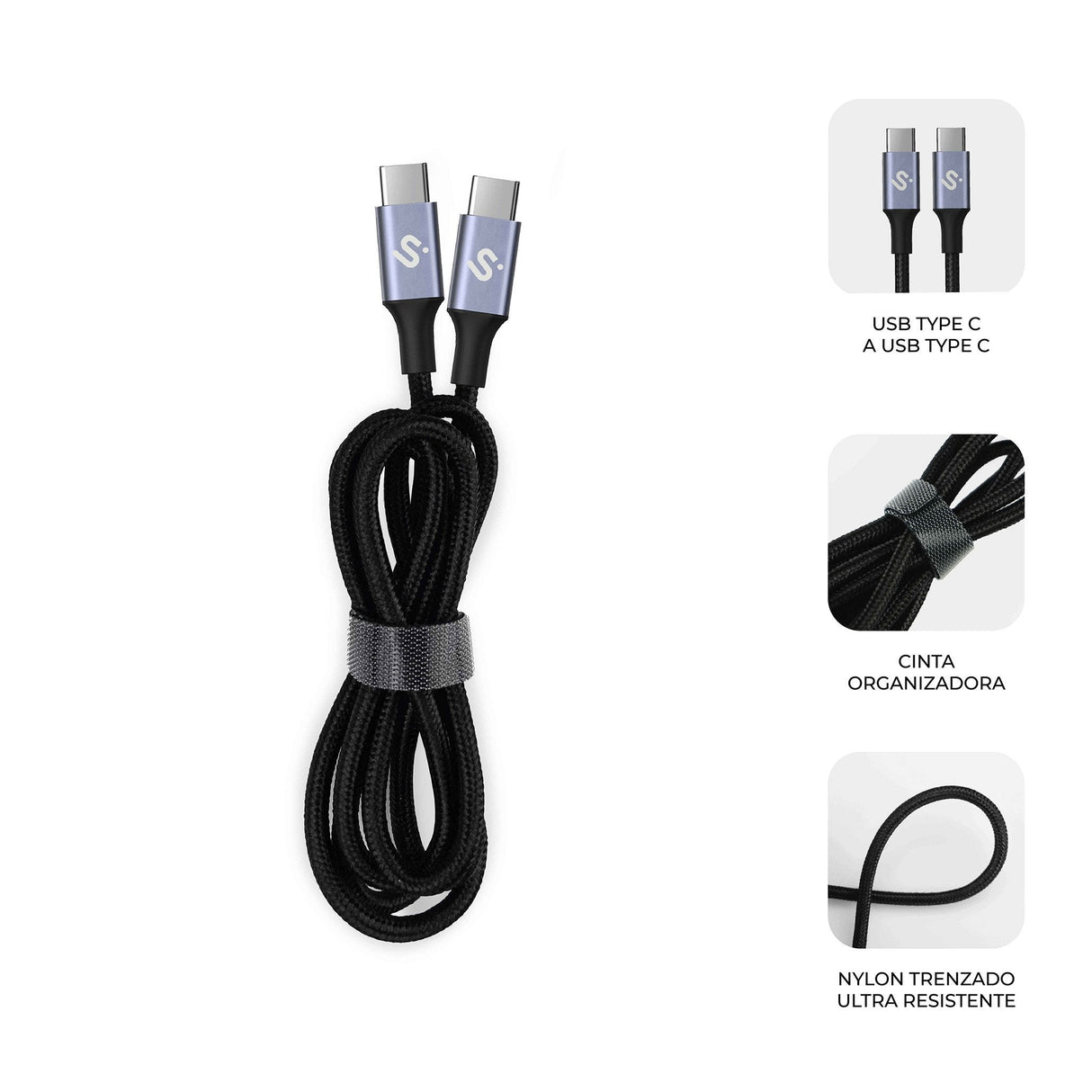 Cable Plus 100w Usb-C/Usb-C 2 M Negro Subblim 100w/ Longitud: 2m/ Usb-C &Harr; Usb-C/ Pd 3.0 Y Qc 3.0,