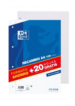 Oxford Recambio 100+20 Hojas Sueltas Microperforadas 4x4 Con Margen A4