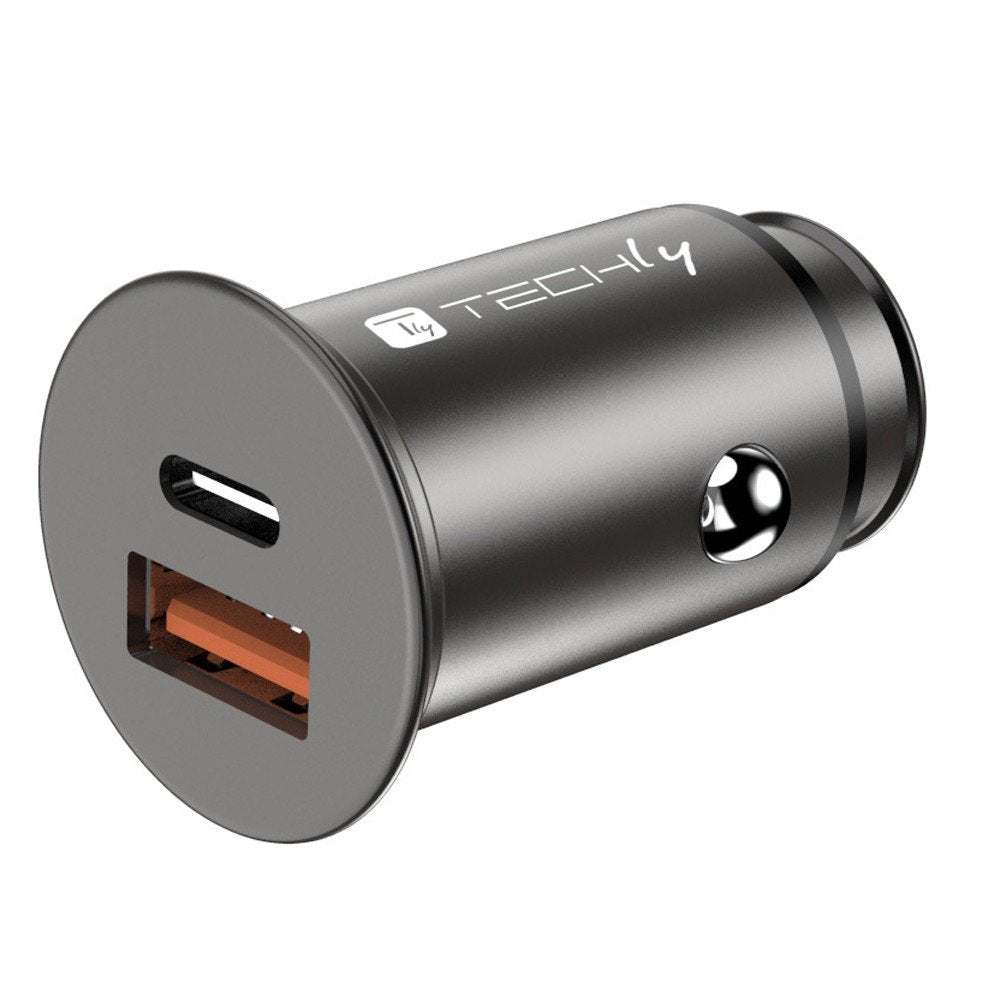 Techly Mini Car Charger Usb-A And Usb-C Fast Charge 3.0 38w Negro Metal