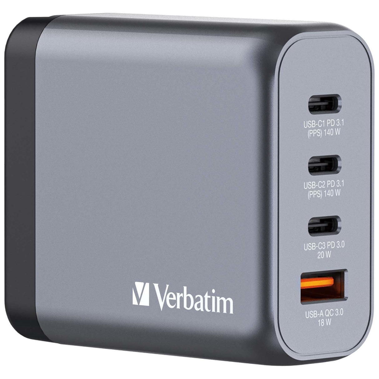 Cargador Verbatim Gan 140w, 1x Usb-A, 3x Usb-C Gris, Pd 3.1, Pd 3.0, Qc 3.0 32203