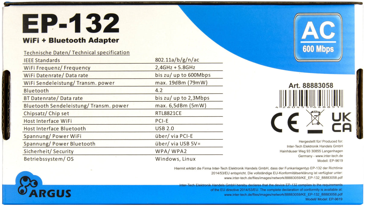 Inter-Tech Wi-Fi 5 Pcie Adapter Ep-132 Antena,Bluetooth 4.2