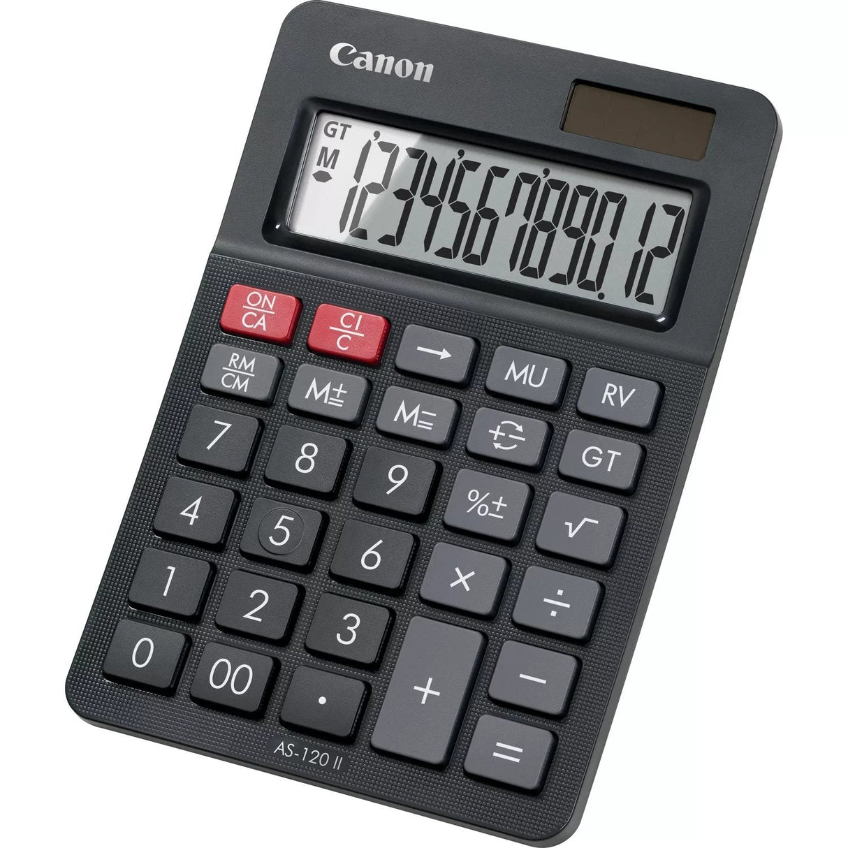Calculadora Canon 12 Dígitos Grandes, Pantalla En Ángulo, Funcionamiento Solar Y A Pilas, Negra